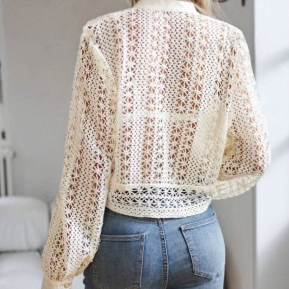 White Hollow Out Button Front Crop Blouse - Picture 3 of 3